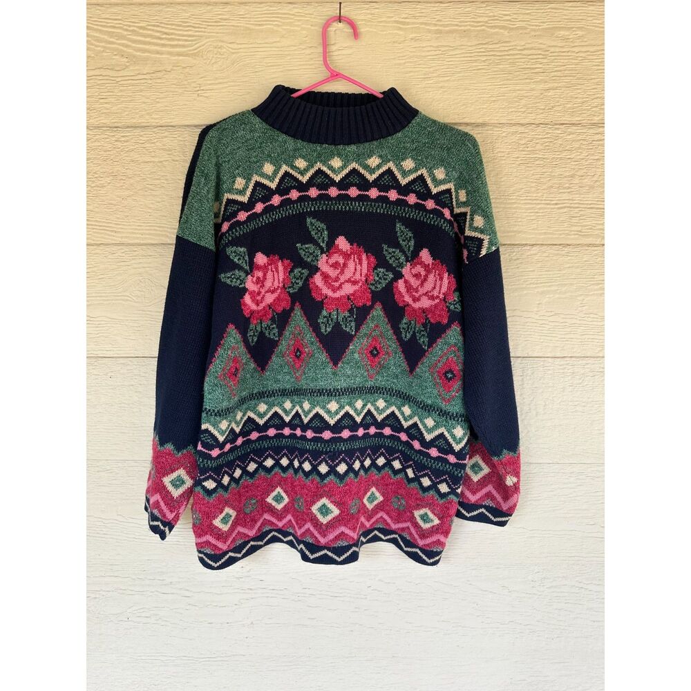 Vintage Private Eyes Floral Aztec Knit Mock Neck Sweater Women's Size L